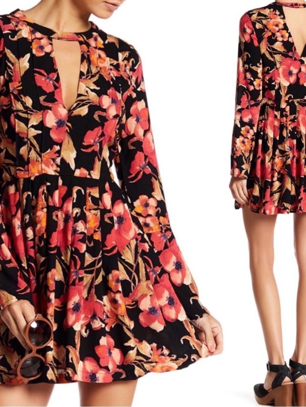Free People Tegan Black Floral Keyhole Long-Sleeve Mini Dress Size 10